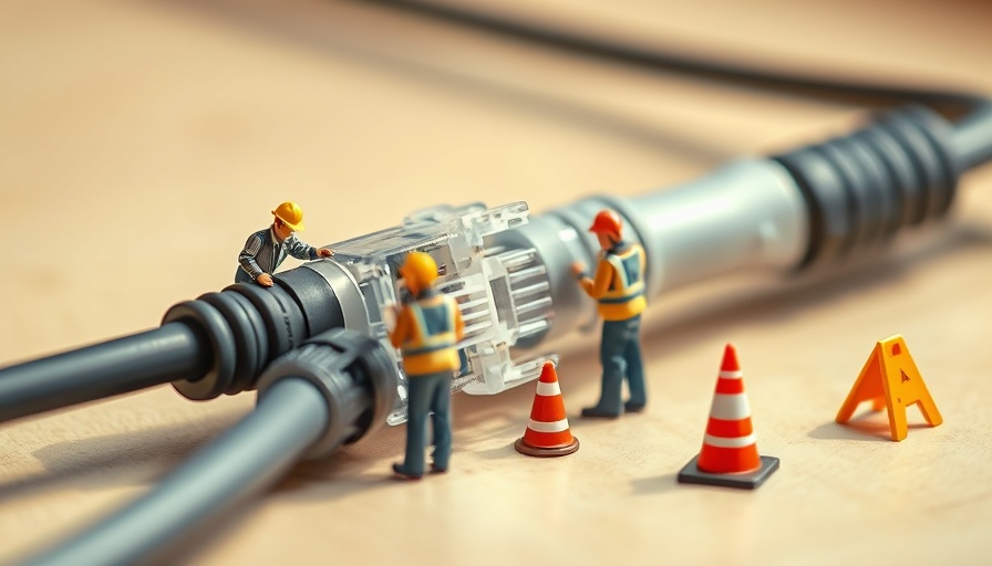 Miniature workers fixing a large Ethernet cable, highlighting 'Fixing Your Spotty Internet'.