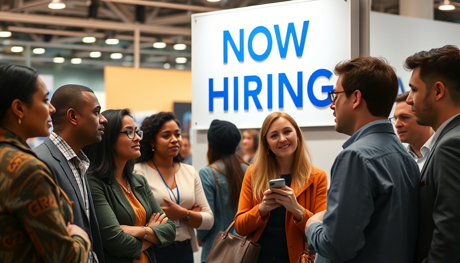 Job fair scene showing hiring trends with people conversing beside a 'Now Hiring' sign.