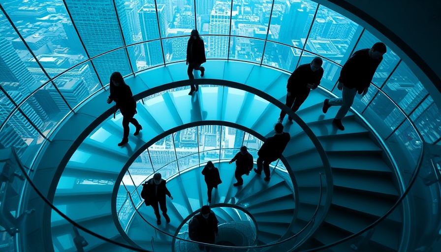 Abstract view of silhouettes on a glass staircase, modern architecture.