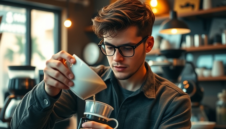 Man switching career to barista, pouring coffee with focus, cafe setting.