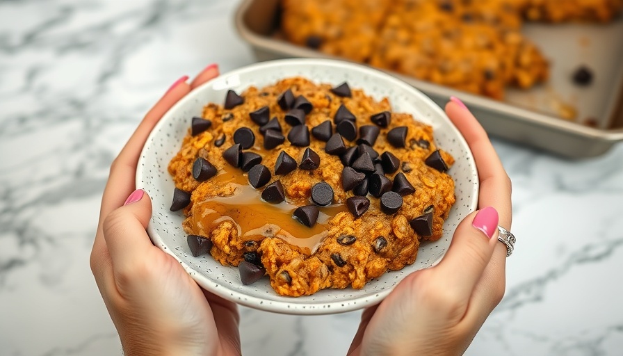 Pumpkin baked oatmeal on a speckled plate, topped with chocolate chips.