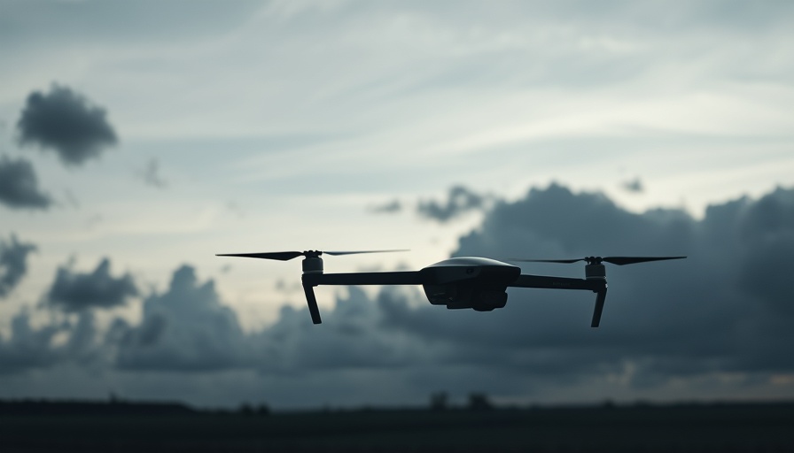 Silhouetted drone with fiber-optic cable over a field, cloudy sky.
