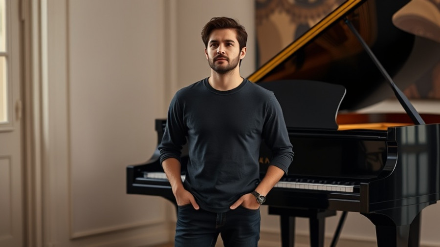Confident person standing by grand piano, Magdalene Ho Piano Tour San Antonio.