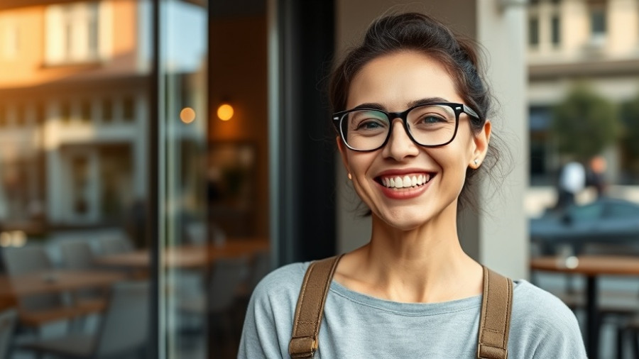Smiling woman outdoors near a cafe, urban setting.