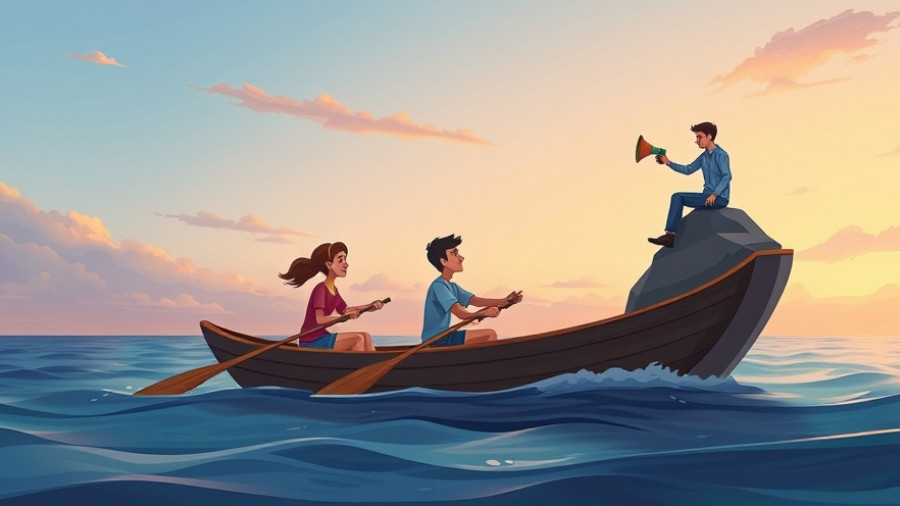 Symbolic illustration of hidden beliefs in leadership, teamwork rowing scene.