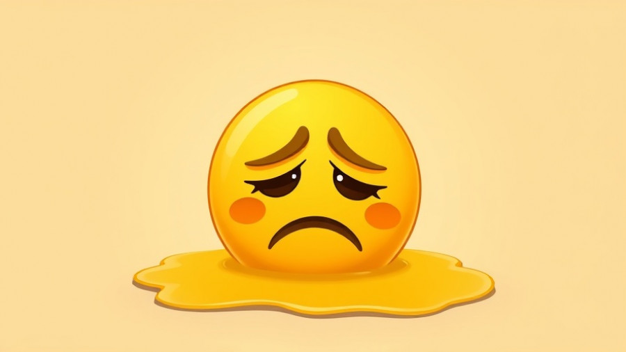 Cartoon emoji melting with sad expression on beige background, AI workflow productivity.