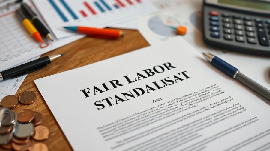 FLSA document with coins and office supplies on desk.