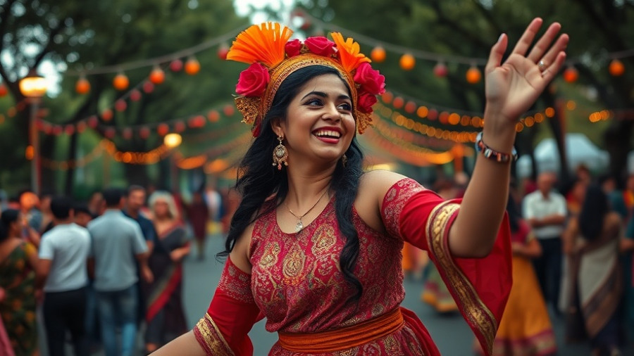 Cultural festival in San Antonio with a woman dancing joyfully.