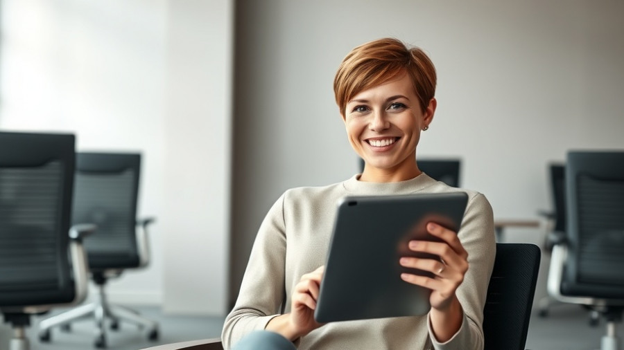 Young woman in minimalist office setting holding tablet, representing service bureau industry transformation.