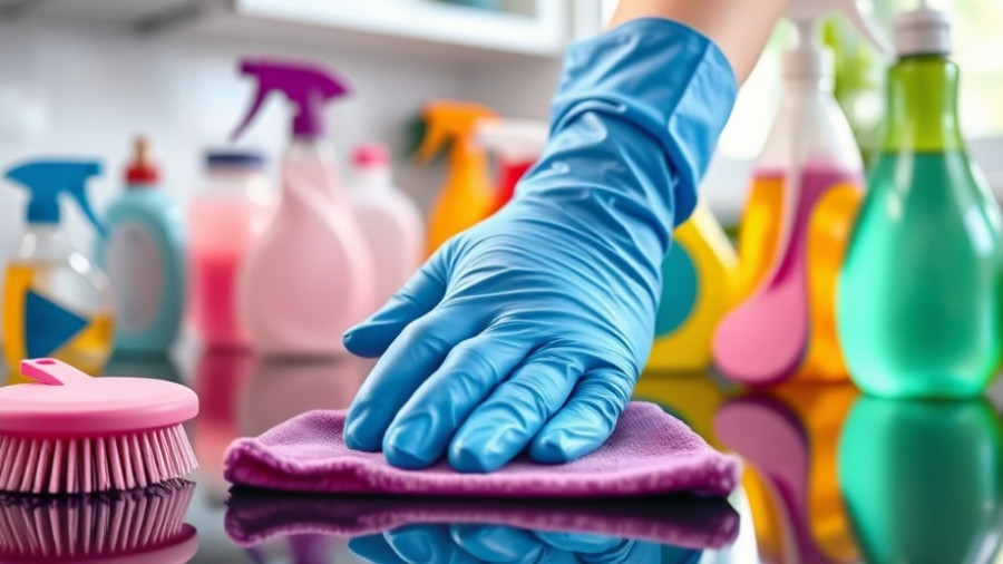 Close-up of cleaning products and gloved hands on a shiny surface