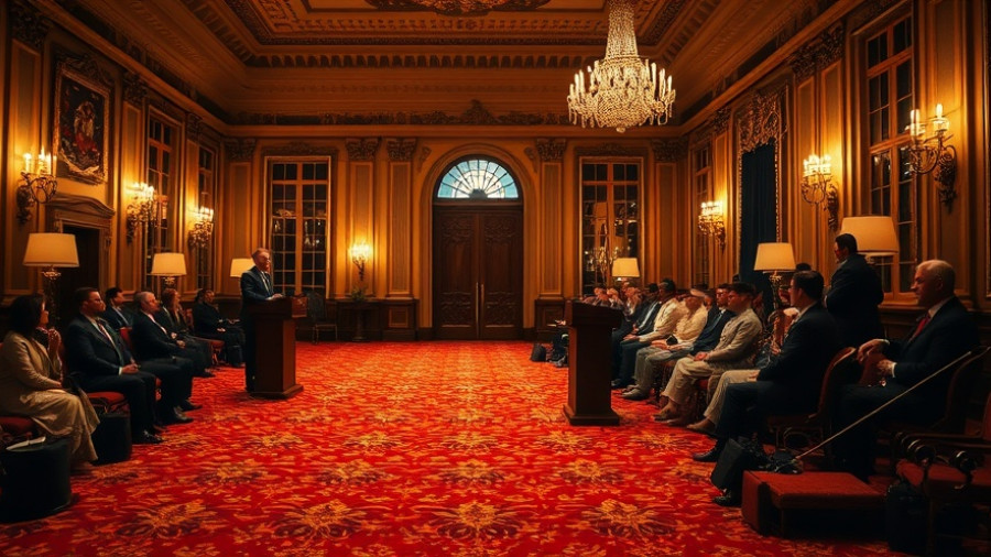 Elegant room with ornate decor and a speaker at a podium.