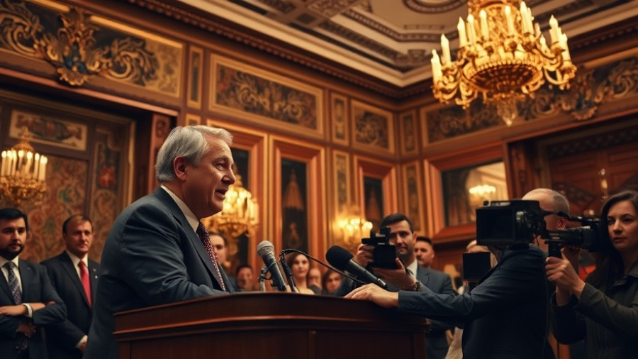 Lavish interior setting of a press conference, ornate backgrounds