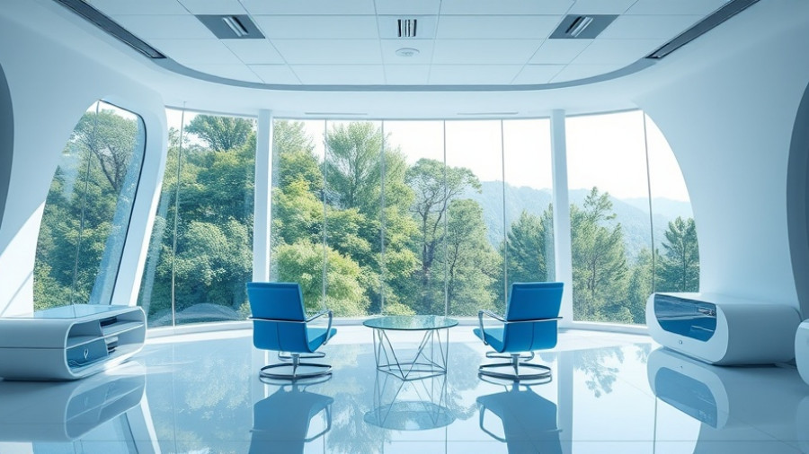 Futuristic office with glass furniture and nature view, highlighting the future of work automation workplace AI.
