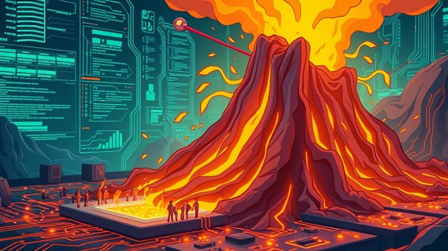 Cartoon volcanic circuit board representing Volcano SDK for AI Development.