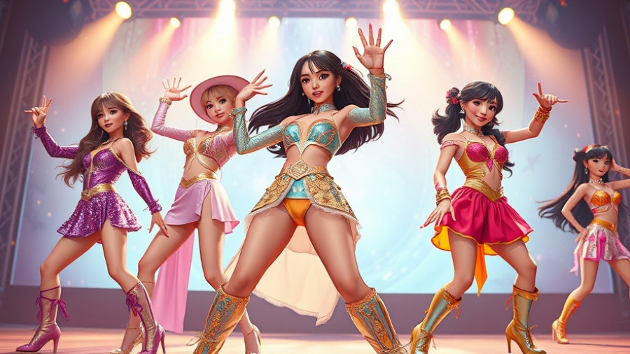 Animated KPop performers in colorful sequined outfits on stage.
