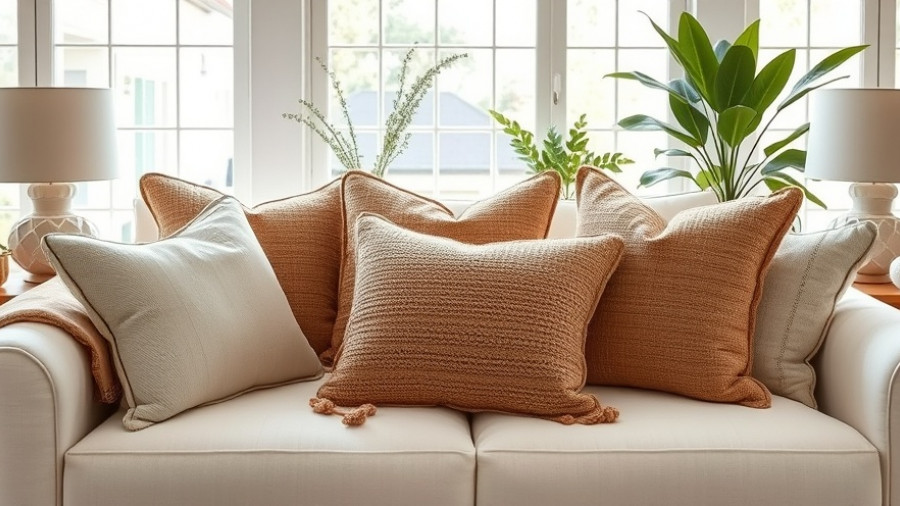 Neutral fall pillow covers on a white couch in sunlit living room.