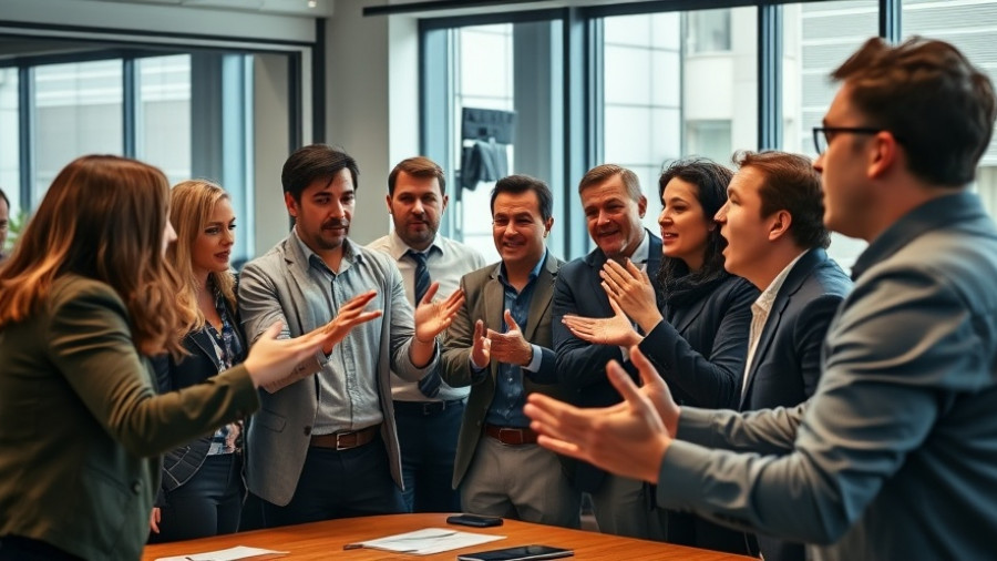 Professionals discussing political expression at work, animated gestures.