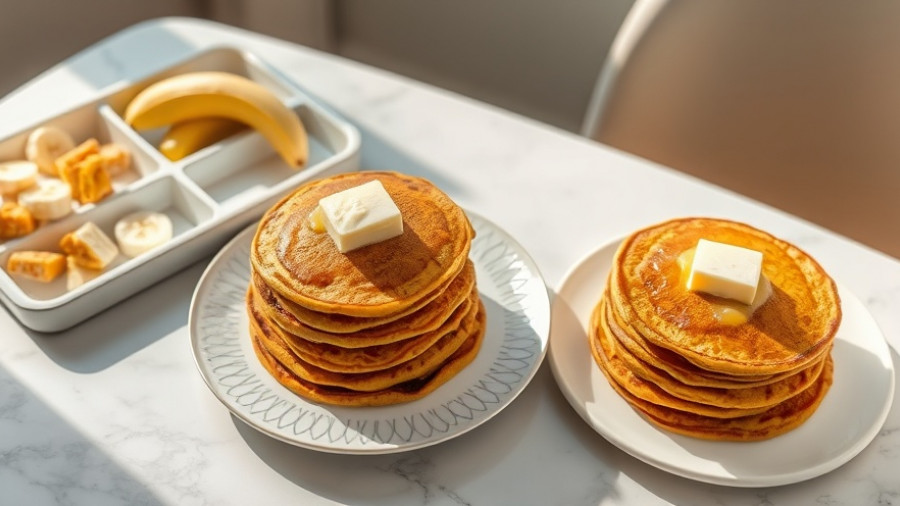 Golden pumpkin protein pancakes with butter and bananas on a plate.