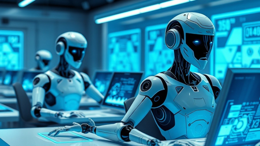 Futuristic robots at work in a tech environment for AI startups consulting.
