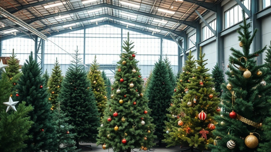 Choosing faux Christmas trees in a well-lit showroom, various sizes and styles.
