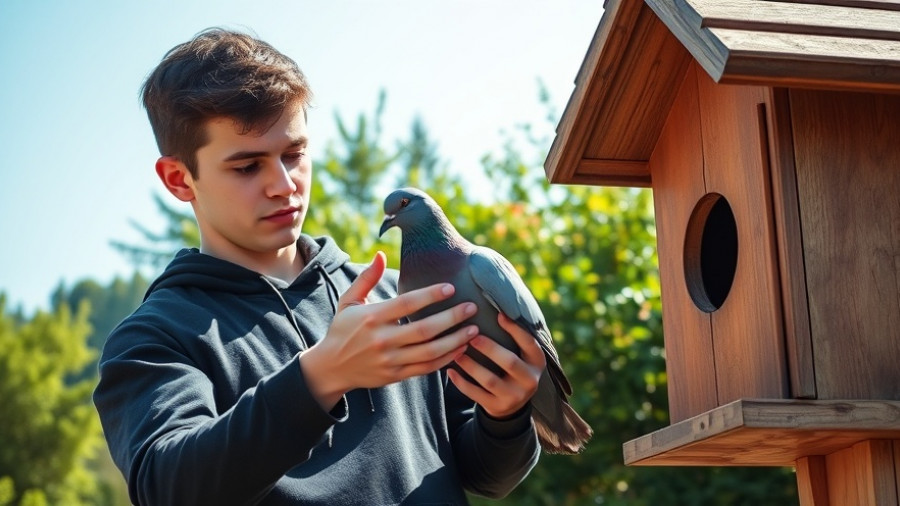 Man with pigeon at Omaha pigeon racing community event