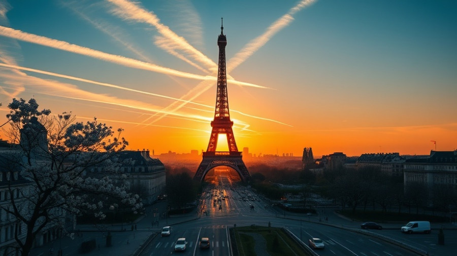 HR technology related view with Eiffel Tower at sunset, vibrant sky.