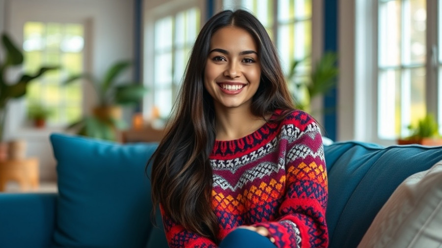 Smiling woman in a colorful knit top on a blue sofa, celebrating employee mistakes.
