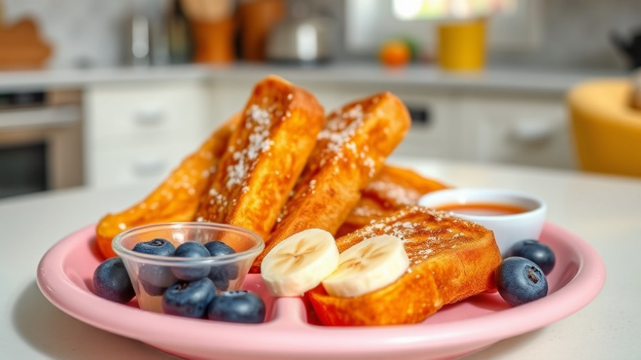 Easy French Toast sticks with fruits and syrup on a pink plate.
