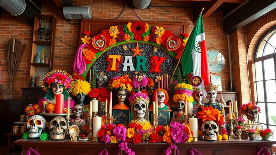 Colorful Día de Muertos display in San Antonio, perfect for family activities.