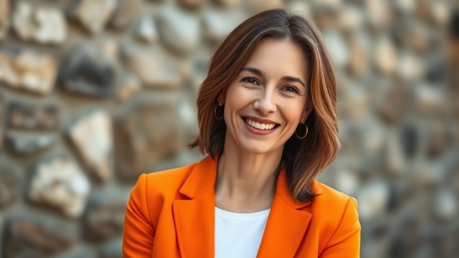 Portrait of a woman in an orange blazer outdoors, highlighting workplace culture.