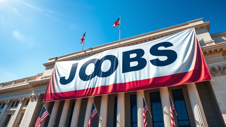 H-1B visa fee lawsuit impact on American jobs, depicted by large 'JOBS' banners on an enterprise building.