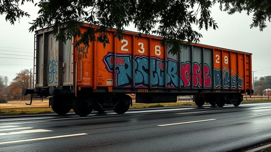Graffiti-covered freight train on a wet road during a cloudy day.