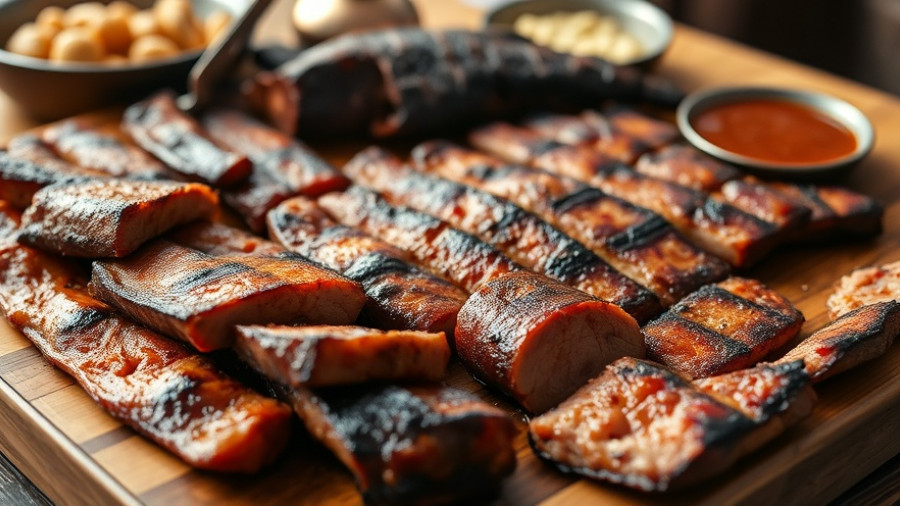 Assorted smoked meats on a barbecue platter at San Antonio restaurants.