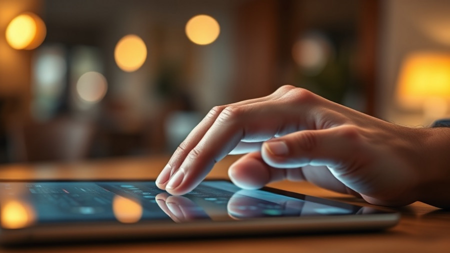 Close-up of hand using a tablet, symbolizing Carrollton fiber internet network.