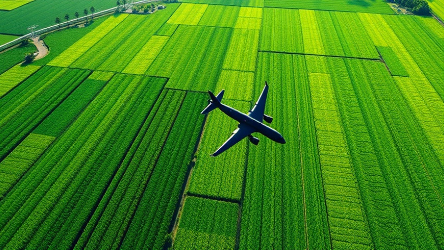 Aerial view of green fields with airplane silhouette, symbolizing Integrated Sustainability Program IATA.
