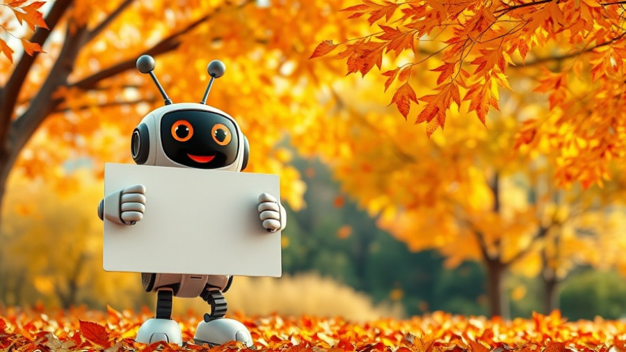 Cartoon robot with AI updates sign walking through autumn leaves.