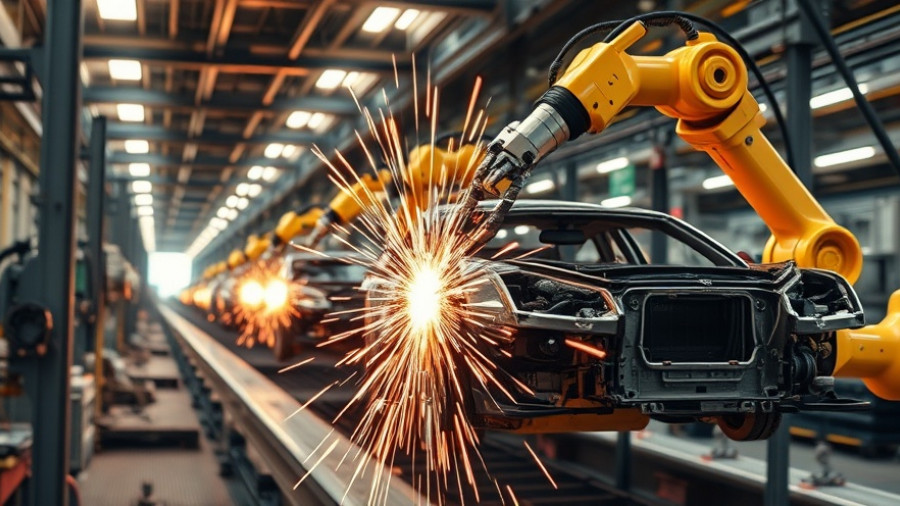Robotic arms welding in factory, sparks flying, industry, automation.