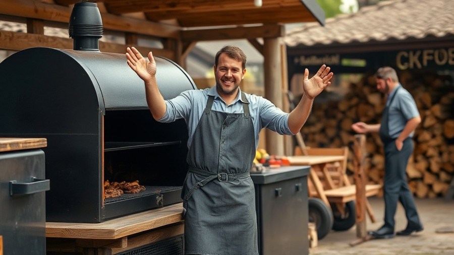 San Antonio barbecue chef playfully gesturing near a smoker