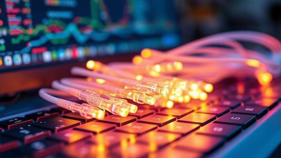 Glowing fiber optic cables on a keyboard representing high-speed fiber internet construction in Golden Valley.