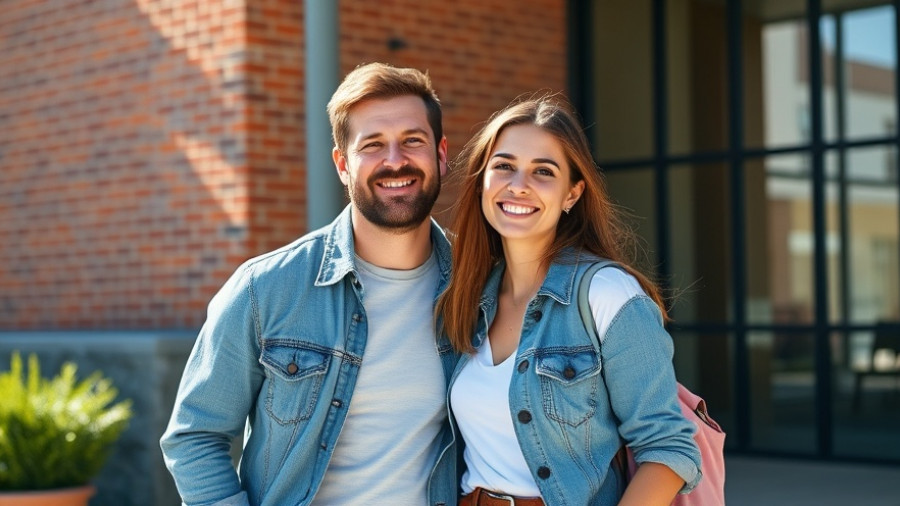 Smiling duo outside a building, promoting 'Join ISP Honor Guard.'