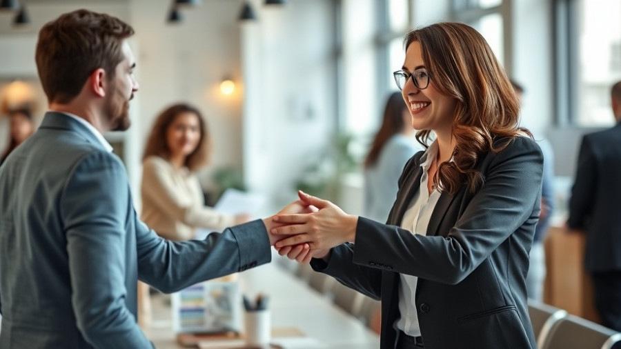 Friendly businesswoman engaging in a handshake in an office, symbolizing San Antonio charitable contributions.