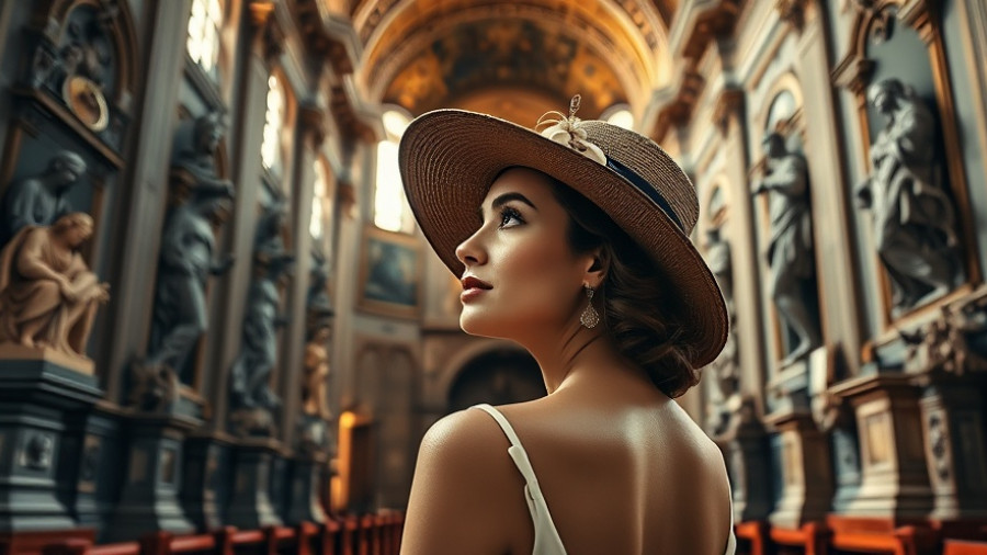 Woman exploring historical church interior at San Antonio arts event.