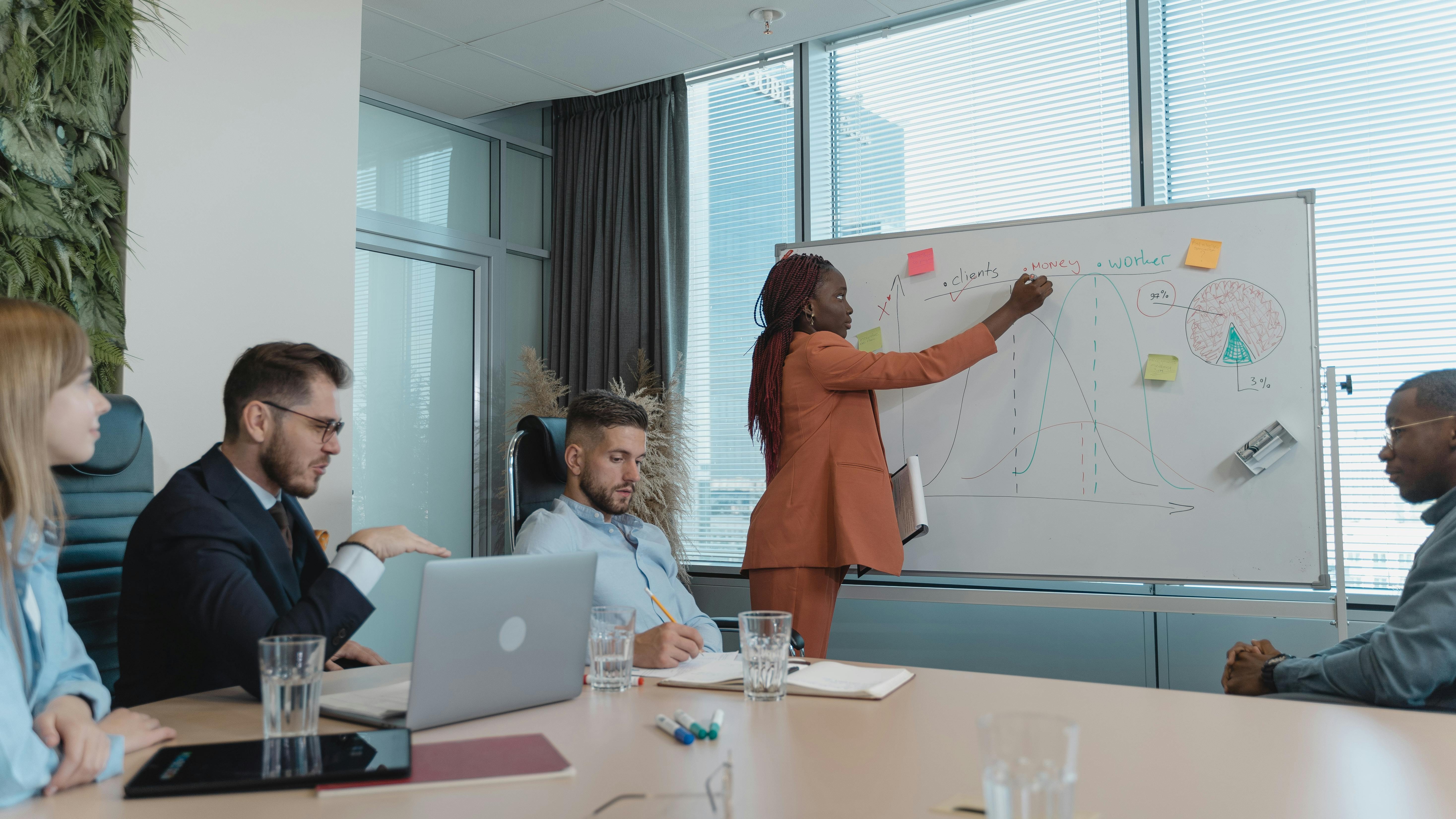 Diverse HR team discussing analytics in a vibrant cartoon style, HR data presentations