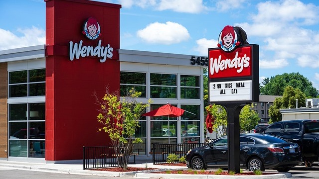 Modern fast food restaurant, AI voice integration in fast food.