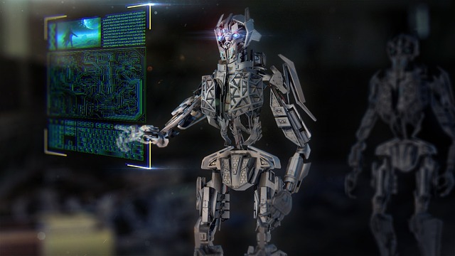 Podcast graphic with author's portrait and book cover, discussing robotics and AI in warfare.