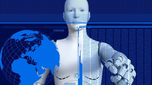 AI recruiting software concept with friendly robot and computers.
