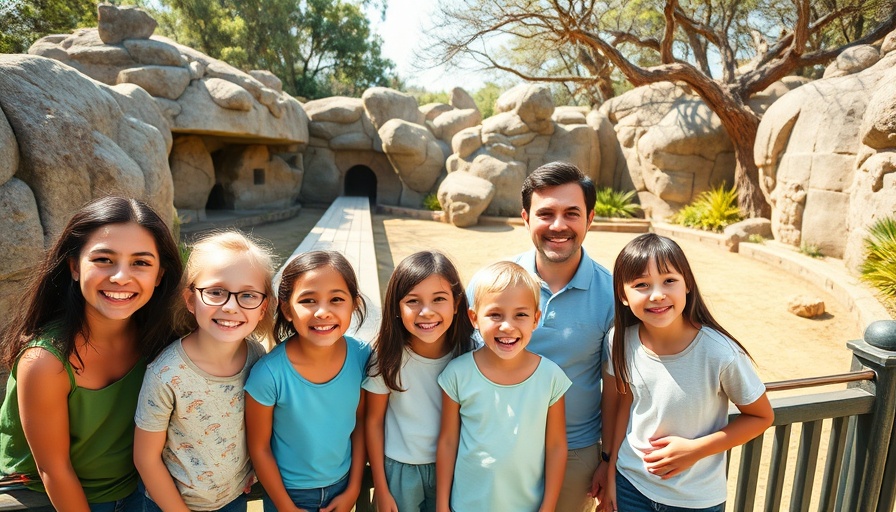 Group posing happily at zoo, Sleeping Bag Safaris Omaha.