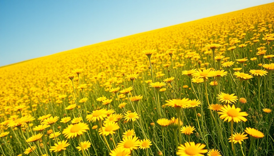 Expansive yellow wildflowers under blue sky, 2025 Spring Collections Omaha.