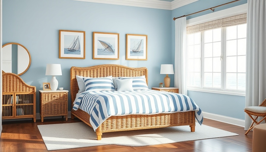 Bright coastal bedroom design Omaha with wicker bed and nautical art.