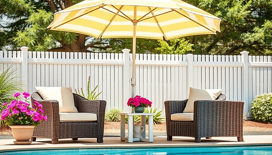 Relaxing backyard setup with poolside lounge chairs and umbrella.
